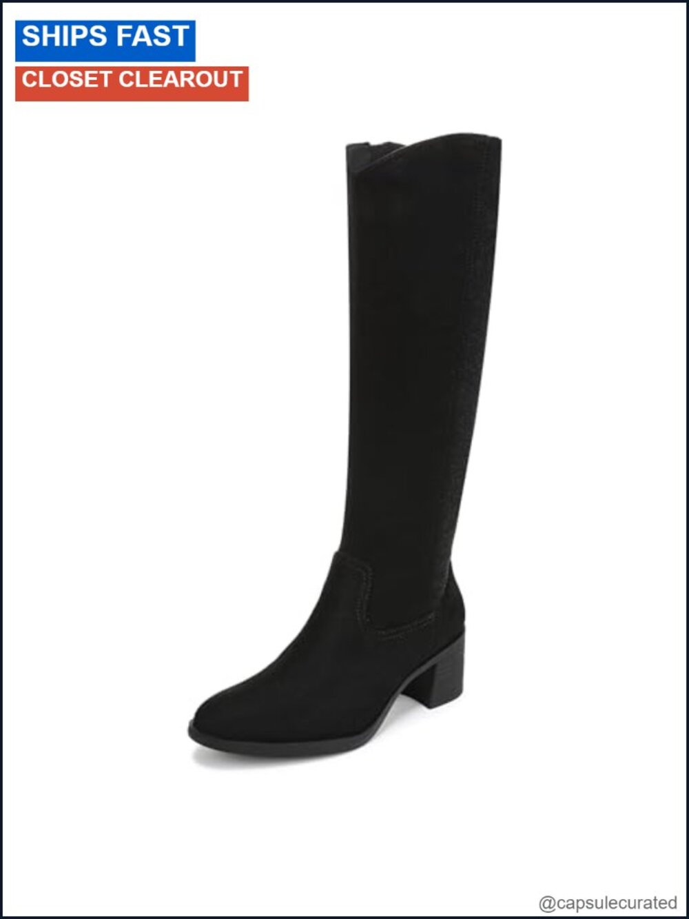 Knee High Block Heel Boots Side Zip Calf High Fabric